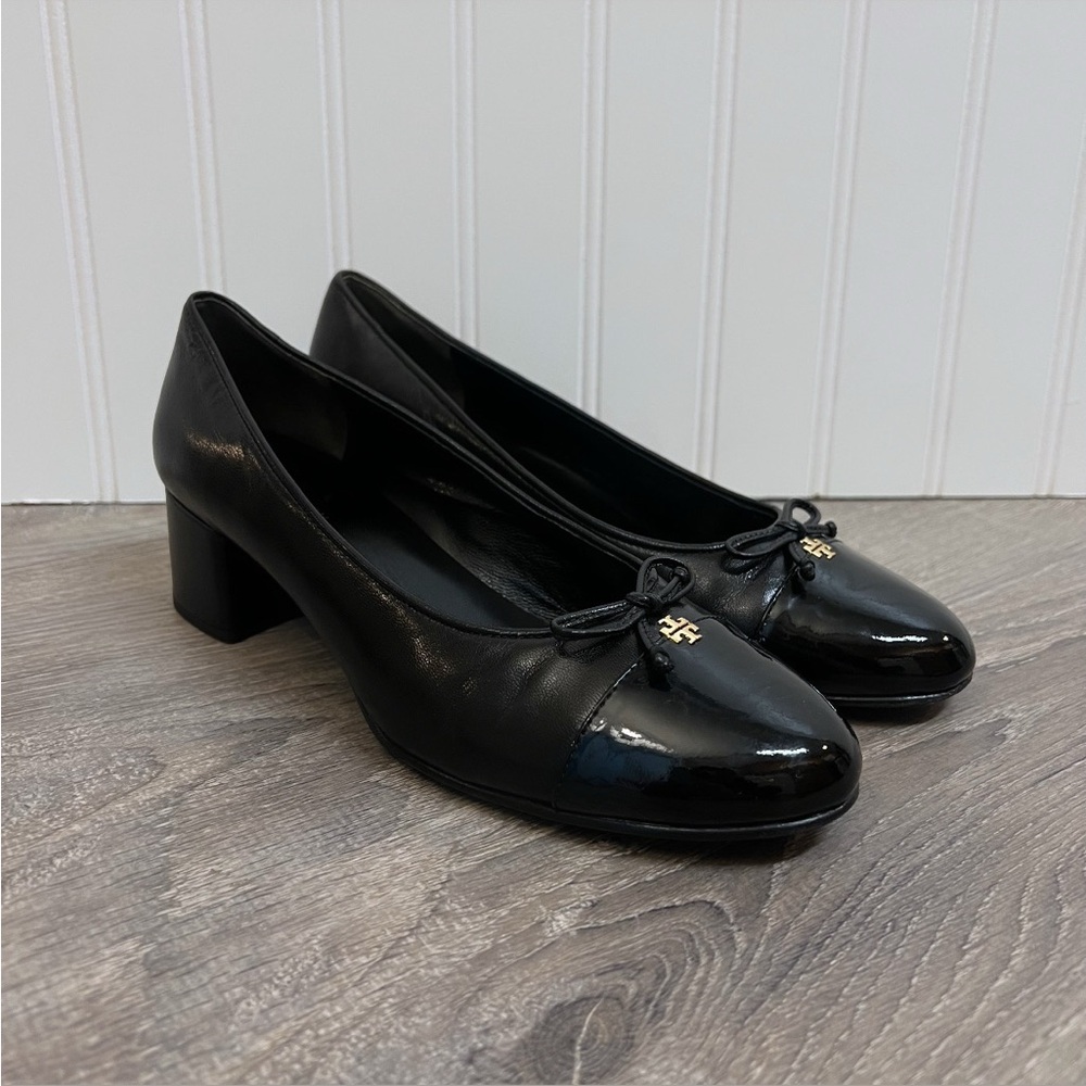 TORY BURCH Mixed Black Leather Cap-Toe Ballerina Block Pumps Size 7 - Picture 4 of 14